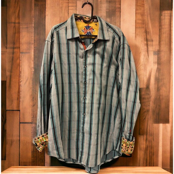 Robert Graham Mens‎ Button Up Shirt Teal Stripe Flip Cuff 100% Cotton XL